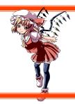  1girl absurdres ascot bent_over black_legwear blonde_hair fang flandre_scarlet hat hat_ribbon highres mob_cap puffy_short_sleeves puffy_sleeves red_eyes ribbon sd-sos shirt short_sleeves skirt skirt_set solo thigh-highs touhou vest wings zettai_ryouiki 