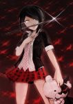  1girl absurdres black_hair blade dangan_ronpa dangan_ronpa_1 freckles highres ikusaba_mukuro monokuma mouth_hold nakano_haito necktie school_uniform short_hair spoilers 