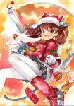  1044kiro 1girl :d absurdres aircraft alternate_costume animal_ears brown_eyes brown_hair cat_ears cat_tail gift highres kantai_collection long_sleeves open_mouth pantyhose ryuujou_(kantai_collection) sack scroll smile tagme tail traditional_media twintails white_legwear 