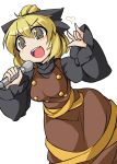  1girl \m/ blonde_hair blush bow breasts dress fang fun_bo heart kurodani_yamame large_bow large_breasts long_sleeves microphone open_mouth short_hair solo touhou white_background yellow_eyes 