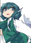  1girl blue_eyes blue_hair breast_press breasts drill_hair fun_bo head_fins japanese_clothes kimono large_breasts looking_at_viewer mermaid monster_girl open_mouth short_hair solo tears touhou wakasagihime white_background 