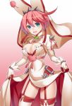  1girl blue_eyes breasts cleavage dress dress_lift elphelt_valentine garter_straps gloves guilty_gear guilty_gear_xrd headband headdress highhighs long_sleeves looking_at_viewer open_mouth pink_hair ray-akila short_hair smile solo thigh-highs 