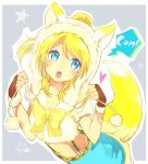  1girl alternate_costume animal_ears animal_hat arched_back ayase_eli blonde_hair blue_eyes bowtie clenched_hands fox_ears fox_hat fox_tail hat kakizato long_hair love_live!_school_idol_project midriff onomatopoeia open_mouth outline pom_pom_(clothes) ponytail short_sleeves solo speech_bubble standing star suspender_skirt suspenders tail yellow_bow 