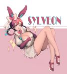  animal_ears blue_eyes breasts cleavage hair_ribbon highres juck_pill legs personification pink_hair pokemon ribbon sylveon 