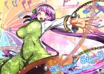  1girl biwa_lute breasts chain dress floral_print flower green_dress hair_flower hair_ornament instrument large_breasts long_hair long_sleeves low_twintails lute_(instrument) musical_note open_mouth purple_hair shirt solo touhou tsukumo_benben twintails umigarasu_(kitsune1963) very_long_hair violet_eyes 