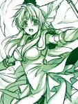  1girl :d blush elbow_gloves forehead_jewel gloves helmet long_hair monochrome open_mouth outstretched_arms riesz seiken_densetsu seiken_densetsu_3 shoulder_pads smile spread_arms takatsuki_ichi valkyrie winged_helmet 