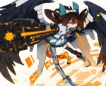  1girl arm_cannon bent_over bird_wings black_legwear black_wings bow brown_eyes brown_hair hair_bow mecha_musume mechanical_leg mechanical_wings open_mouth radiation_symbol reiuji_utsuho sam_58 shirt single_thighhigh skirt solo thigh-highs third_eye torn_clothes torn_thighhighs touhou weapon wings zettai_ryouiki 