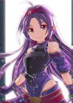  1girl breastplate detached_sleeves hairband highres leotard long_hair pointy_ears purple_hair red_eyes smile srx61800 sword_art_online yuuki_(sao) 