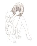  1girl barefoot monochrome off-shoulder_sweater off_shoulder original short_hair sitting sketch sleeves_past_wrists solo toe-point traditional_media yoshitomi_akihito 