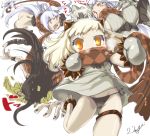 4girls ahoge aircraft_carrier_oni argyle argyle_scarf armadillo-tokage battleship-symbiotic_hime black_hair black_panties blush bottomless breasts character_request dress heavy_breathing highres horn horns kantai_collection long_hair midway_hime multiple_girls northern_ocean_hime open_mouth orange_eyes panties red_eyes ribbed_sweater scarf seaport_hime shinkaisei-kan side-tie_panties side_ponytail sweater tears underwear white_dress white_hair 