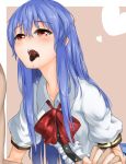  blue_hair bow chocolate chocolate_covered heart highres hinanawi_tenshi holding_hands incipient_kiss interlocked_fingers momo_retasu open_mouth puffy_short_sleeves puffy_sleeves red_eyes saliva shirt short_sleeves tongue tongue_out touhou valentine 