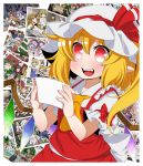  1girl arm_ribbon ascot blonde_hair chibi dress eichi_yuu fangs flandre_scarlet hat hat_ribbon highres mob_cap open_mouth photo_(object) pointy_ears puffy_short_sleeves puffy_sleeves red_dress red_eyes ribbon sash shirt short_sleeves smile solo touhou wings 
