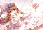  blush brown_eyes brown_hair dress flower gloves long_hair love_live!_school_idol_project minami_kotori smile veil wedding 