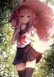  artist_request blush long_hair pink_hair red_eyes ribbon seifuku thigh-highs twintails umbrella 