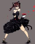  1girl alternate_costume animal_ears black_dress black_gloves blush bouquet braid breasts cat_ears cat_tail dress elbow_gloves flower ginji_(sakaki_summer) gloves kaenbyou_rin looking_at_viewer multiple_tails red_eyes redhead rose simple_background smile solo tail touhou twin_braids 