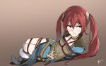  1girl armor bdsm blush bondage boots choker dress fire_emblem fire_emblem:_kakusei highres long_hair red_eyes redhead rope selena_(fire_emblem) sharpfffff solo twintails 