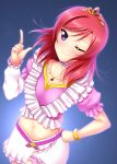  1girl bracelet collarbone hand_on_hip highres jewelry looking_at_viewer love_live!_school_idol_project midriff music_s.t.a.r.t!! navel necklace nishikino_maki one_eye_closed pointing pointing_up redhead short_hair smile solo tiara violet_eyes yu-ta 