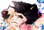  1boy 1girl asuna_(sao) black_hair brown_eyes brown_hair closed_eyes hug kirito long_hair short_hair sleepwear sword_art_online tsukimori_usako 