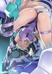  1girl angela_balzac ass bare_shoulders blonde_hair blue_eyes bodysuit breasts covered_navel elbow_gloves expelled_from_paradise gloves headgear jpeg_artifacts large_breasts leotard long_hair looking_at_viewer low_twintails matsuryuu solo spread_legs thigh_strap top-down_bottom-up twintails very_long_hair 