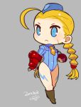  1girl ahoge beret blonde_hair blue_eyes boots braid cammy_white chibi dated fingerless_gloves frown full_body garrison_cap gloves grey_background hat highres leotard long_hair mota scar solo standing street_fighter twin_braids 