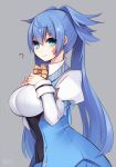  1girl ? aqua_eyes blue_eyes bow breasts bust character_request facial_tattoo grey_background juliet_sleeves large_breasts long_hair long_sleeves looking_at_viewer muryou phantasy_star phantasy_star_online_2 puffy_sleeves simple_background solo tattoo twintails very_long_hair 