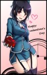  1girl breasts gayprince happy_valentine heart kantai_collection looking_at_viewer open_mouth red_eyes smile solo takao_(kantai_collection) thigh-highs valentine 