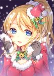  1girl ayase_eli black_gloves blonde_hair blue_eyes blush dress gloves long_hair looking_at_viewer love_live!_school_idol_project mini_santa_hat open_mouth ponytail smile snow solo yadapot 