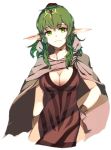  1girl bracelet breasts cape chiki choker cleavage dress fire_emblem fire_emblem:_kakusei green_eyes green_hair hair_ornament hair_ribbon highres jewelry large_breasts long_hair machi_wt older pointy_ears ponytail ribbon side_slit solo 