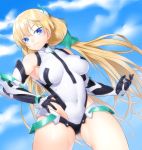  1girl angela_balzac bare_shoulders blonde_hair blue_eyes blush bodysuit breasts covered_navel elbow_gloves expelled_from_paradise gloves headgear large_breasts leotard long_hair looking_at_viewer low_twintails onsoku_maru smile solo twintails very_long_hair 