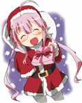  1girl :o ahoge blush buckle closed_eyes cowboy_shot double_bun gift glasses hachi_(8bit_canvas) hat holding_gift incoming_gift kantai_collection long_sleeves makigumo_(kantai_collection) pantyhose pink_hair santa_costume santa_hat sleeves_past_wrists twintails 