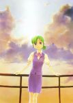  1girl clouds green_hair hatsuseno_alpha mutou_youshun short_sleeves smile solo violet_eyes yokohama_kaidashi_kikou 