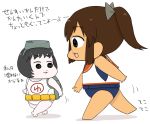  2girls backpack bag chibi comic gaiko_kujin goggles goggles_on_head i-401_(kantai_collection) kantai_collection maru-yu_(kantai_collection) multiple_girls partially_translated sailor_collar school_swimsuit short_ponytail simple_background swimsuit swimsuit_under_clothes tan translation_request 