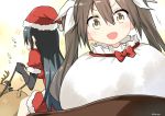  2girls antlers black_hair brown_eyes brown_hair chikuma_(kantai_collection) christmas double_bun hair_ribbon hat highres in_container in_sack kantai_collection long_hair looking_at_viewer multiple_girls naka_(kantai_collection) open_mouth reindeer reins ribbon ryuki_(ryukisukune) sack santa_costume santa_hat smile tone_(kantai_collection) twintails 