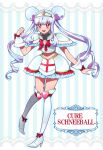  1girl blue_eyes blue_hair boots character_name double_bun drill_hair hairband kagami_chihiro long_hair magical_girl midriff navel original precure shoulder_pads skirt smile solo striped striped_background thigh-highs thigh_boots twintails very_long_hair white_legwear wrist_cuffs 