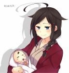  ahoge alternate_costume alternate_hairstyle baby blue_eyes braid brown_hair carrying haori japanese_clothes kantai_collection mother_and_daughter shigure_(kantai_collection) yukichi_(eikichi) 