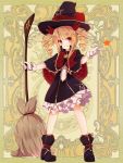  1girl broom brown_hair capelet dennryuurai drill_hair hat psychic_hearts red_eyes short_hair solo twin_drills witch_hat 