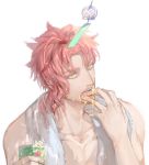  1boy green_eyes honey jojo_no_kimyou_na_bouken kakyouin_noriaki licking_hand maosanmu redhead soda_can solo towel towel_around_neck 