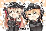  &gt;_&lt; anchor_hair_ornament bare_shoulders bismarck_(kantai_collection) blonde_hair blush chestplate detached_sleeves german gloves hat kantai_collection long_hair long_sleeves matsushita_yuu military military_hat military_uniform multiple_girls open_mouth peaked_cap prinz_eugen_(kantai_collection) translated twintails uniform 