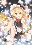  1girl :d bamboo_broom blonde_hair braid broom broom_riding hat kirisame_marisa long_hair looking_at_viewer mary_janes msa open_mouth shoes single_braid sitting_on_broom smile solo star touhou witch_hat yellow_eyes 