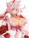  1girl :o blue_eyes breasts bullet bursting_breasts cleavage elphelt_valentine eric_lowery gloves guilty_gear guilty_gear_xrd heart highres huge_breasts long_hair looking_at_viewer pink_hair simple_background solo white_background 