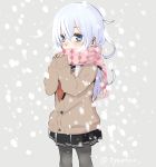  1girl blue_eyes cardigan hibiki_(kantai_collection) kantai_collection long_hair natsupa pantyhose scarf silver_hair snowing 