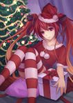  1girl artist_name box christmas_tree gift gift_box gradient_hair hat highres long_hair multicolored_hair ore_twintail_ni_narimasu red_eyes red_legwear redhead santa_hat sitting striped striped_legwear tagme tail_red thigh-highs twintails very_long_hair youxuemingdie 