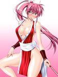  1girl anzu_(onelelee) bare_shoulders blue_eyes breasts cleavage fatal_fury gradient gradient_background highres large_breasts long_hair lyrical_nanoha mahou_shoujo_lyrical_nanoha mahou_shoujo_lyrical_nanoha_a&#039;s pink_background pink_hair ponytail shiranui_mai shiranui_mai_(cosplay) signum solo sweatdrop very_long_hair 