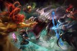  armor artist_request ashe_(league_of_legends) baron_nashor bow_(weapon) breasts cleavage epic extra_eyes fighting highres katarina_du_couteau league_of_legends leona_(league_of_legends) monster sword tagme teemo weapon yasuo_(league_of_legends) yordle 