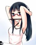  1girl armpits arms_up bare_shoulders black_eyes camisole denki-gai_no_hon&#039;ya-san fountain_pen glasses holding_hair ink_bottle long_hair looking_at_viewer mouth_hold naigou pen ponytail red-framed_glasses semi-rimless_glasses sensei_(denki-gai) solo under-rim_glasses 