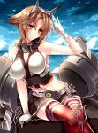  1girl amane_ruri arm_support blush breasts clouds gloves green_eyes headgear horizon kantai_collection large_breasts looking_at_viewer machinery midriff mutsu_(kantai_collection) navel ocean red_legwear short_hair sitting skirt sky solo thigh-highs white_gloves 