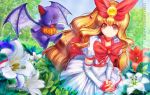  1girl bat bow brooch brown_eyes brown_hair choker creature dress fingerless_gloves flower gloves hair_bow hands_clasped highres jewelry leaf lily_(flower) long_hair magical_girl mochisoldier original precure ribbon smile white_dress 