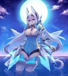  1girl blue_eyes bodysuit breasts character_request cleavage clouds cowboy_shot full_moon headgear long_hair looking_at_viewer moon muryou night night_sky phantasy_star phantasy_star_online_2 silver_hair sky solo star_(sky) starry_sky twintails twitter_username very_long_hair wading water 