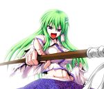  1girl absurdres backlighting blue_hair blue_skirt breasts cowboy_shot detached_sleeves fingernails foreshortening frog_hair_ornament green_hair hair_ornament hair_tubes hand_on_hip highres hips kamishima_kanon kochiya_sanae large_breasts long_hair long_skirt midriff mound_of_venus open_mouth pointing simple_background skirt sleeveless snake_hair_ornament solo torn_clothes touhou 
