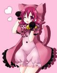  1girl ;d aida_mana animal_hood bell black_gloves cat_tail dokidoki!_precure fang gloves heart hood okayashi one_eye_closed open_mouth panther_pink_(precure) paw_pose pink_background pink_eyes pink_hair precure short_hair simple_background smile solo tail 